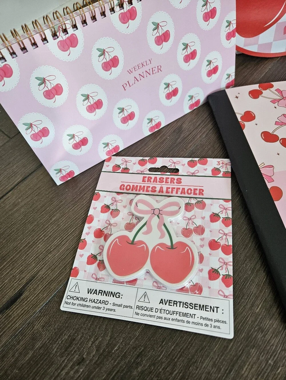 Cherry-Print 8-Piece Stationery Set + Bag Charm - Home School Office Supplies